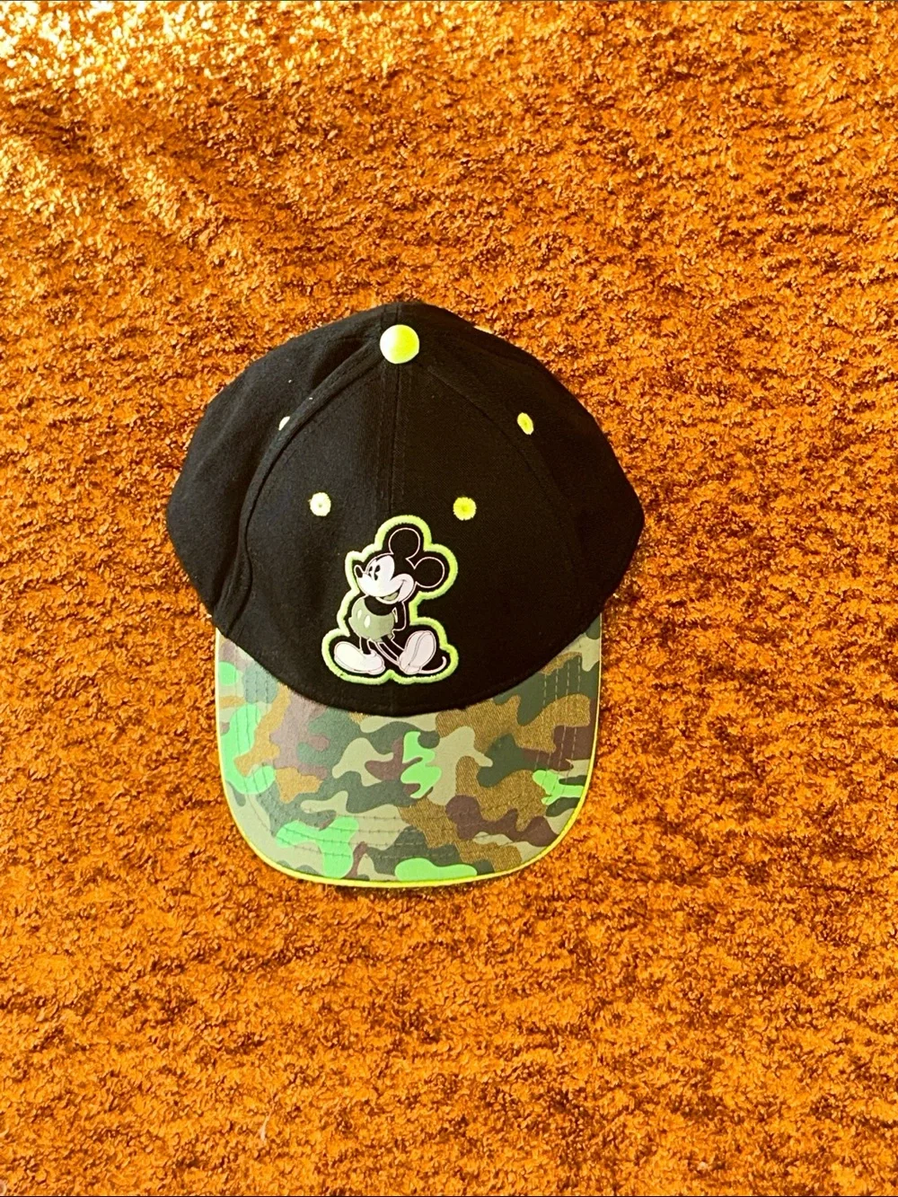 Disney Black Cap with Camouflage Brim and Neon Yellow Accents